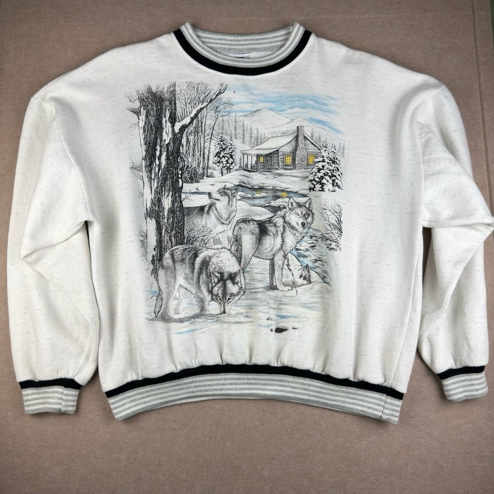 Vintage Classic Sweatshirt Men‎ XL White Wolves Cabin Winter Scene USA